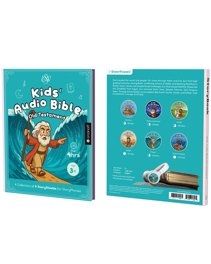 ONANOFF StoryBook “Kids' Audio Bible: Old Testament”. Front shows a cartoon Moses parting seas. Back lists six StoryShields with illustrations. Vibrant, engaging design.