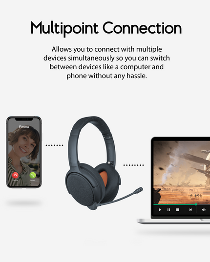 ONANOFF Fokus+ Active Noise Cancelling Headphones allows for multipoint connection. This means that you can connect 2 devices, like your phone & your computer, simultaneously and you can switch between these devices without any hassle.